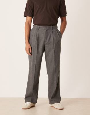 ASOS DESIGN pleated wide leg dress pants in charcoal wool bl...