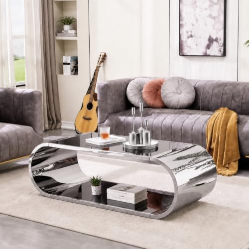 Glyph Form Oval Silver Coffee Table, 57" Modern Glass Center Table with Mirror Stainless Steel Base, 2-Tier Black Tempered Glass, Large Unique Accent Tea Table with Storage for Living Room, Apartment