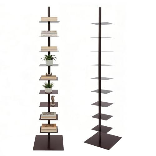 Sizcdiomk 9-Tier Narrow Spine Bookshelf, Modern Bookcase, Adjustable Vertical Bookshelf, Metal Rotating Bookshelf Tower for Home Office Living Room Bedroom (Brown)