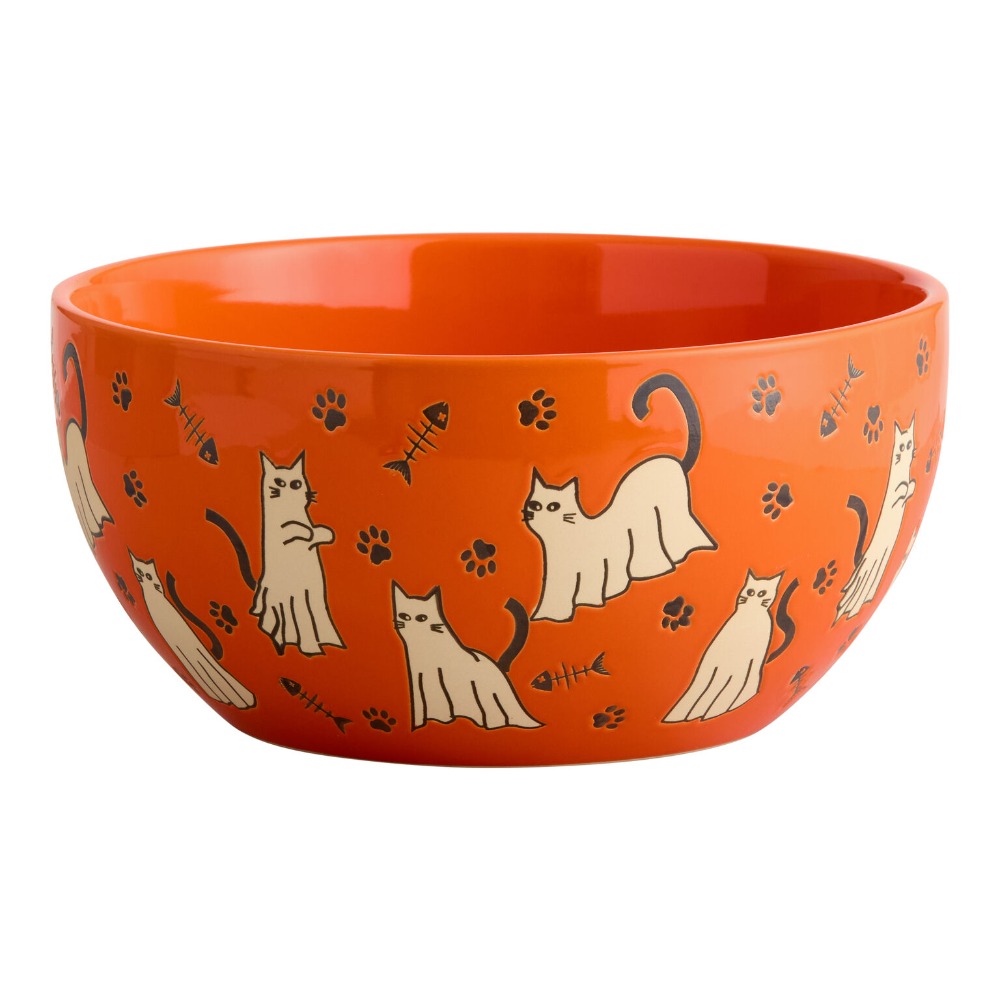 Orange Ceramic Ghost Cat Halloween Serving Bowl