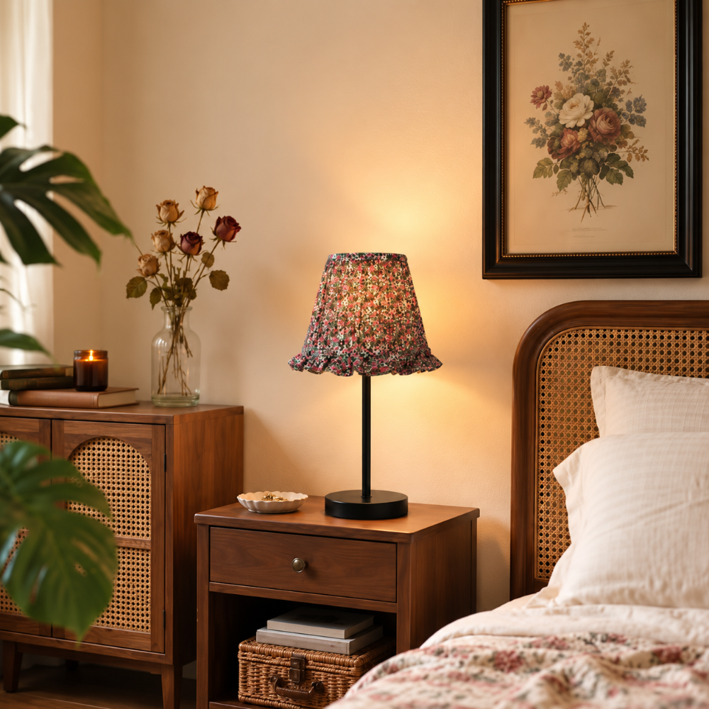 LNC 16.5 in. Black Cottage Table Lamp for Living Room with Pleated Dark Floral‑Print Fabric Shade and Round Metal Base HMBE2IRL-5719 - The Home Depot
