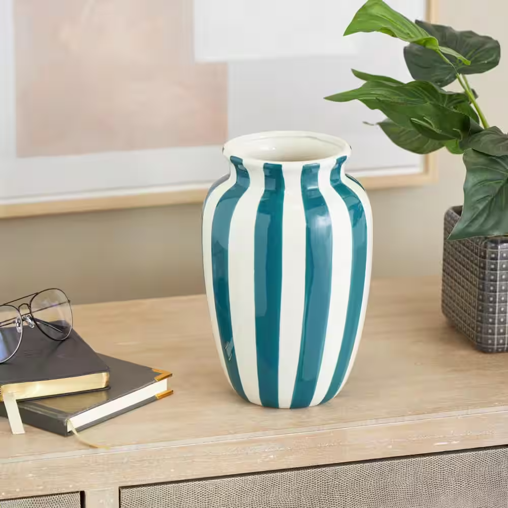 Litton Lane 10 in. White Round Wide Ceramic Decorative Vase with Teal Vertical Stripes 047719 - The Home Depot